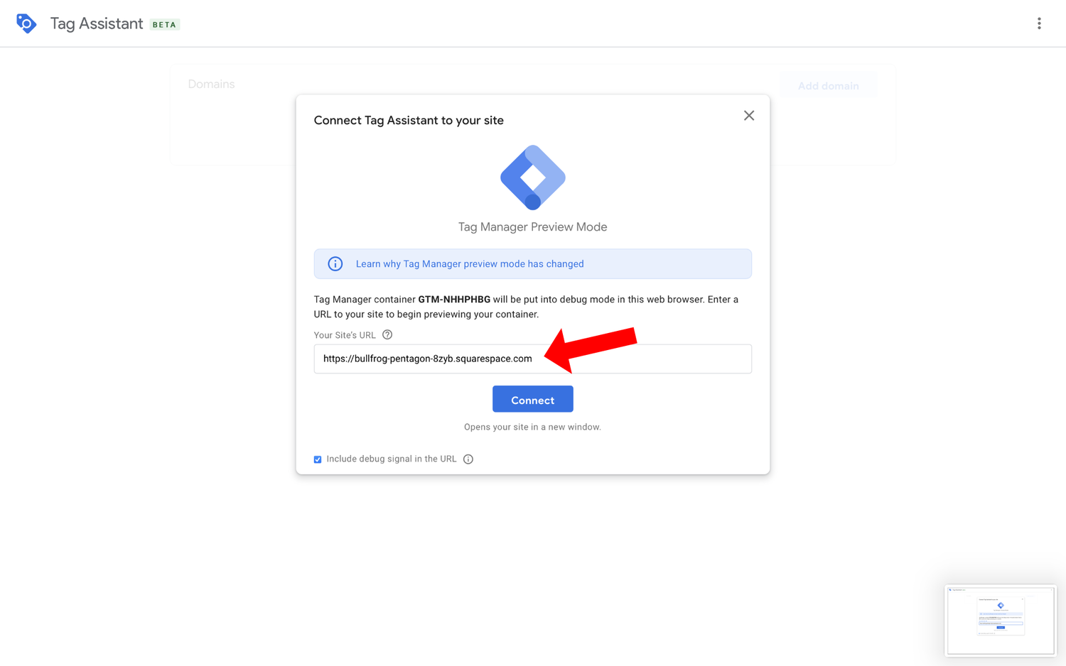 Enter website in tag manager to preview tag connection 