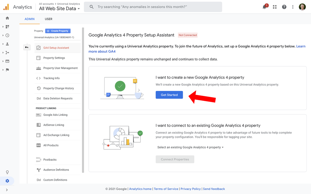 Google Analytics 'get started' setting up GA4 screenshot